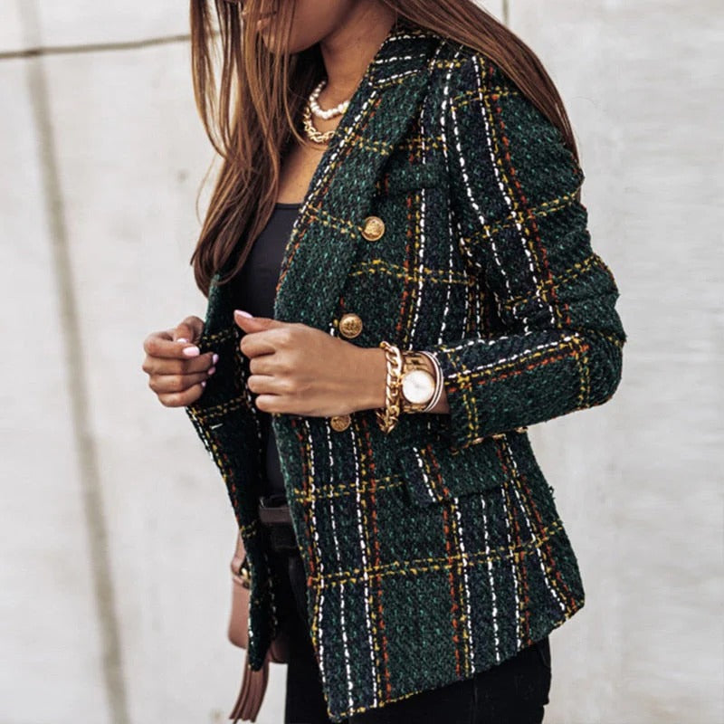 Women's Blazer - Tweed Pattern - Tailored Fit - Gold Buttons Elegant Design