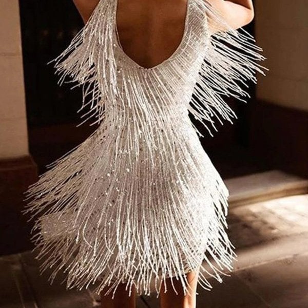 V-Neck Fitted Sequin Fringe Cocktail Dress