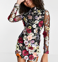 Women’s Mini Dress - Tailored - Long Sleeves - Floral Appliques - Elegant Party Look