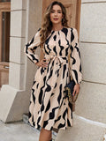 Women's Midi Dress - Long Sleeves - Fitted Waist with Belt - Elegant Wavy Pattern