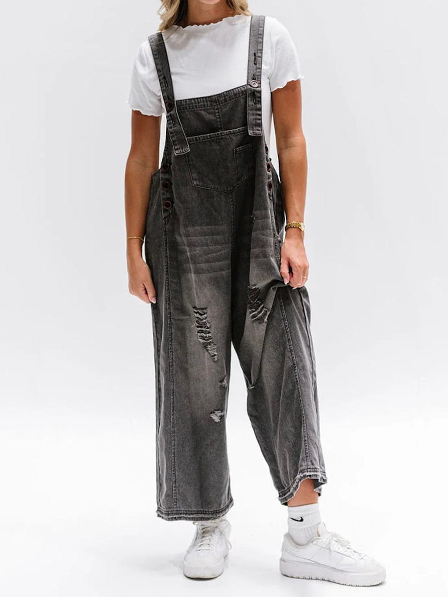 Distressed Adjustable Straps Denim Overall