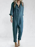 Women's Jumpsuit - Cotton Linen Blend - Loose Fit - Long Sleeves - Button Closure