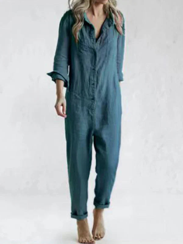 Women's Jumpsuit - Cotton Linen Blend - Loose Fit - Long Sleeves - Button Closure