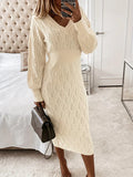 Women's Knit Dress - V-Neck - Long-Sleeved - Fitted Ribbed Design - Elegant & Comfortable