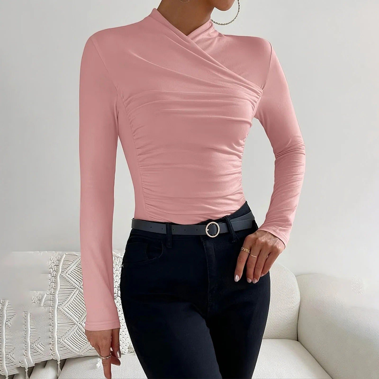 Women's Wrap Blouse - Long-Sleeved - Asymmetrical High Neck - Elegant Slim Fit