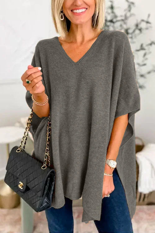 Women's Poncho Top - Soft Knit - Loose Fit - V-Neck Draped Design