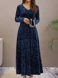 Women's Evening Dress - Velvet - V-neck - A-line - 3/4 Sleeves - Floral Pattern