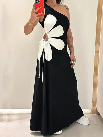 One Shoulder Adjustable Cutout Floral Maxi Dress