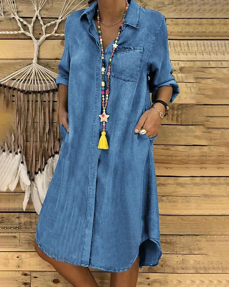 Loose Fit Three-Quarter Sleeve Button Shirt Dress
