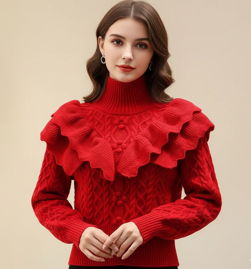 Ruffled Shoulder - Cable Knit - High Neck Sweater