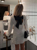 Women's Mini Dress - Sequins - Open Back with Bow - Long-Sleeved Party Dress