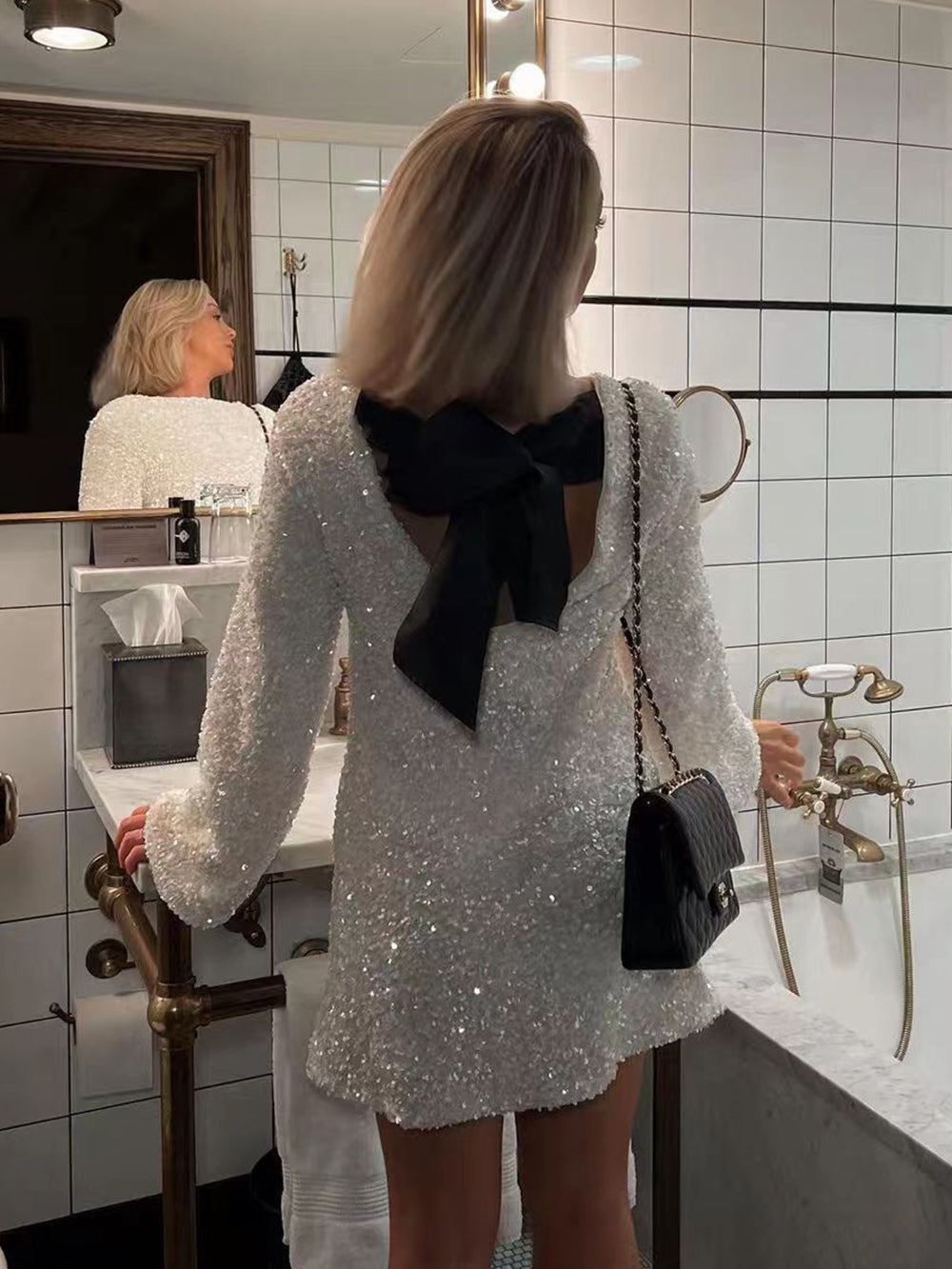 Women's Mini Dress - Sequins - Open Back with Bow - Long-Sleeved Party Dress
