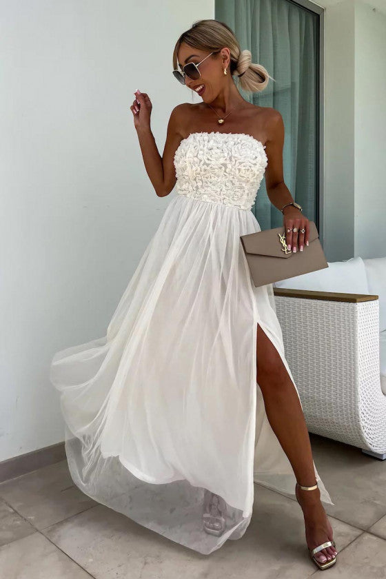 Flowy Strapless High Slit Maxi Dress