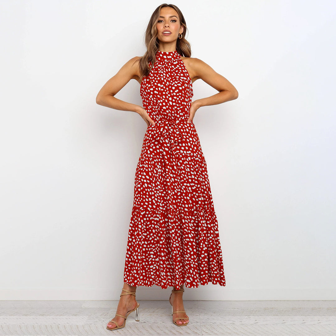Women's Halterneck Dress - Sleeveless Maxi - Waistband - Polka-Dotted Elegant Look