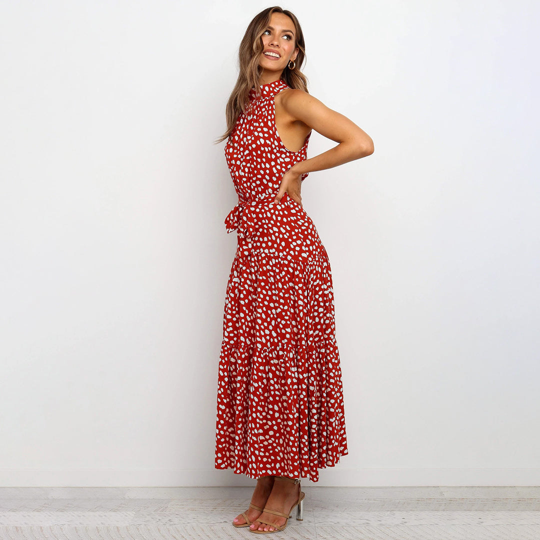 Women's Halterneck Dress - Sleeveless Maxi - Waistband - Polka-Dotted Elegant Look
