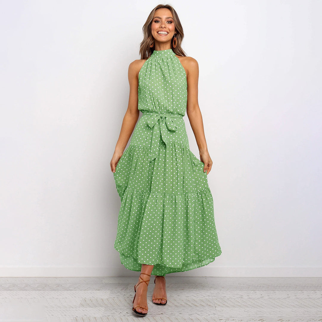Women's Halterneck Dress - Sleeveless Maxi - Waistband - Polka-Dotted Elegant Look