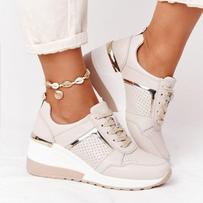 Breathable Wedge Heel Lace-Up Sneakers