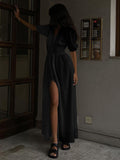 Women's Maxi Dress - V-Neck - Buttons - Short Puff Sleeves - Fitted Waist