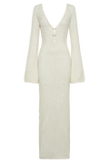 Women's Maxi Dress - Crochet Knit - V-Neck - Long Sleeves - Bohemian Elegant Look