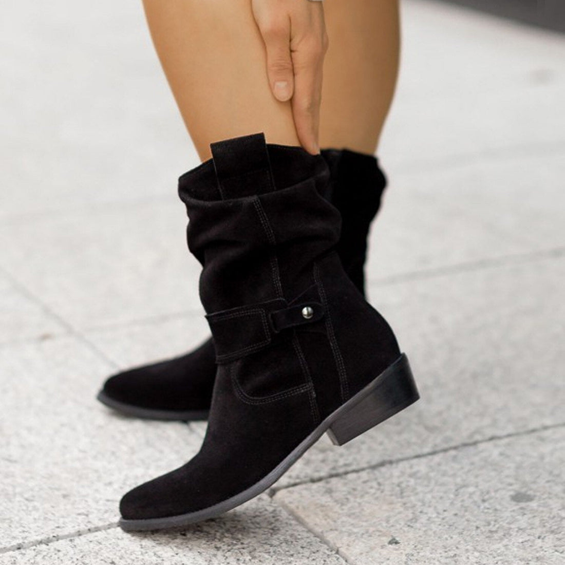Suede Slouchy Block Heel Ankle Boots