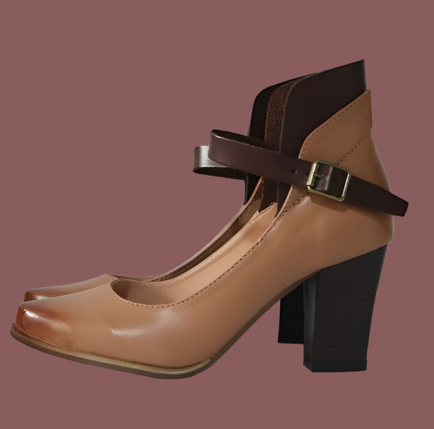 Women's Pumps – Block Heel – Closed Round Toe – Adjustable Strap – Leather Look – Elegant Design