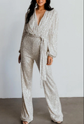 Women's Jumpsuit - Sequins - Wrap Design - Long Sleeves - Wide Leg Width - Waist Belt