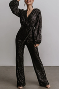 Women's Jumpsuit - Sequins - Wrap Design - Long Sleeves - Wide Leg Width - Waist Belt