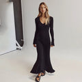 Women's Knitted Maxi Dress - V-neck - Long-sleeved - Fitted Ribbed Design