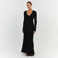 Women's Knitted Maxi Dress - V-neck - Long-sleeved - Fitted Ribbed Design