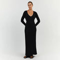 Women's Knitted Maxi Dress - V-neck - Long-sleeved - Fitted Ribbed Design