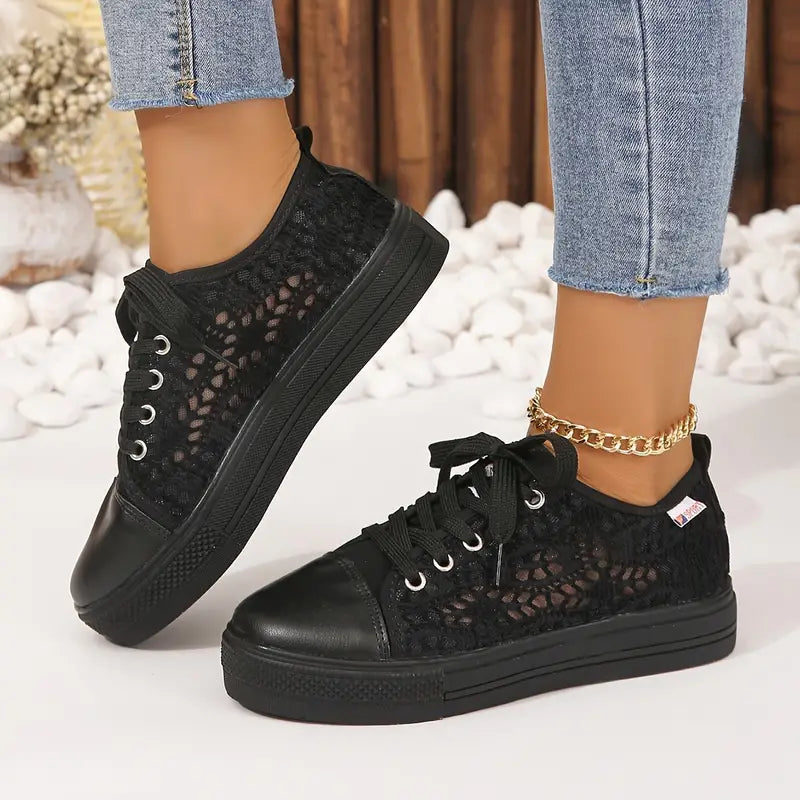 Women's Sneakers - Breathable Mesh - Lace-up Closure - Thick Sole Comfortable Casual