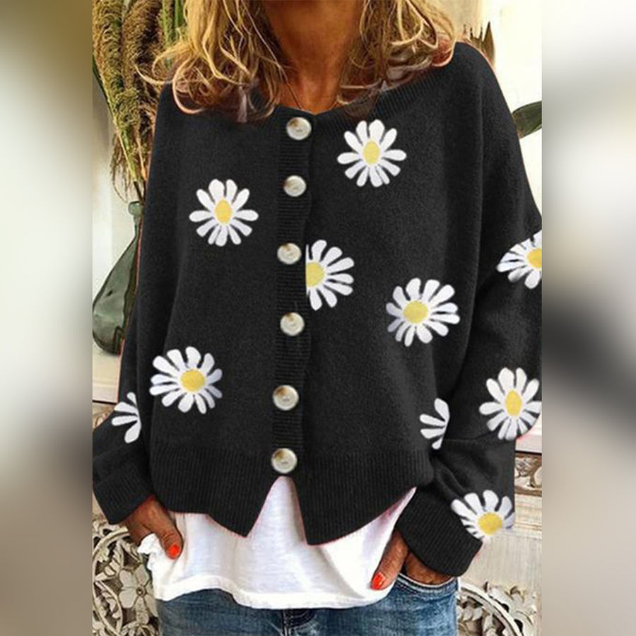 Women's Cardigan – Oversize Fit – Soft Knit – Daisy Pattern – Ribbed Edges