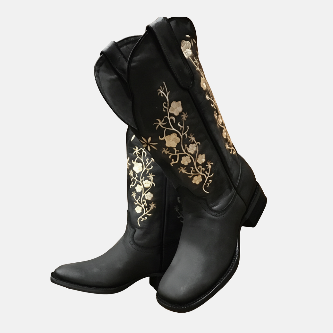 Floral Embroidered Mid-Calf Block Heel Boots
