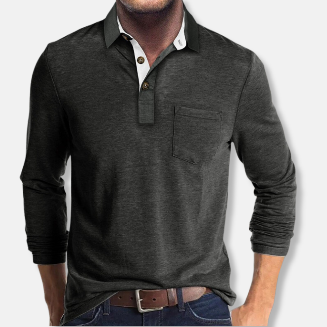 Cotton Blend Long Sleeve Contrast Collar Polo Shirt