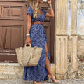 Dress For Women - Maxi Dress With Paisley Pattern - V-Neck And Short Sleeves - Bohemian Look