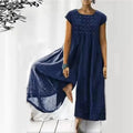 Women's Dress - Long Airy Fit - Short Sleeves - Round Neck - Bohemian Look