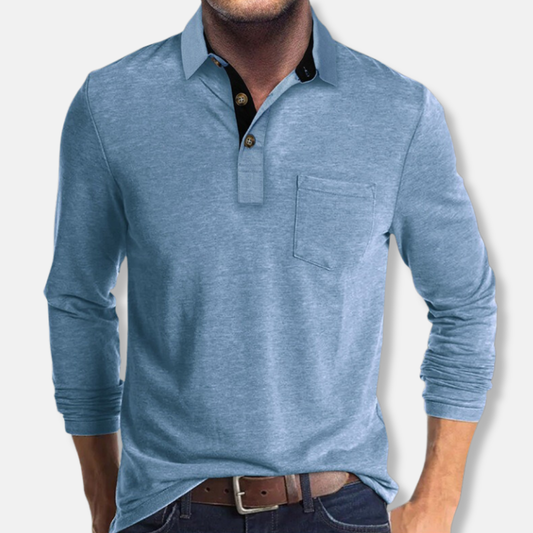 Cotton Blend Long Sleeve Contrast Collar Polo Shirt