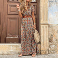 Dress For Women - Maxi Dress With Paisley Pattern - V-Neck And Short Sleeves - Bohemian Look