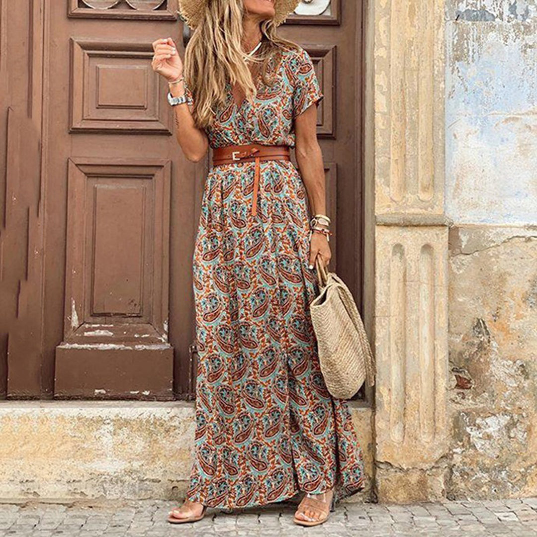 Dress For Women - Maxi Dress With Paisley Pattern - V-Neck And Short Sleeves - Bohemian Look
