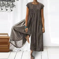 Women's Dress - Long Airy Fit - Short Sleeves - Round Neck - Bohemian Look