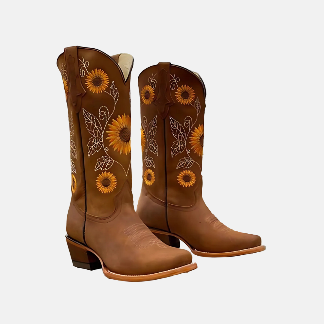 Leather Western Sunflower Embroidered Boots