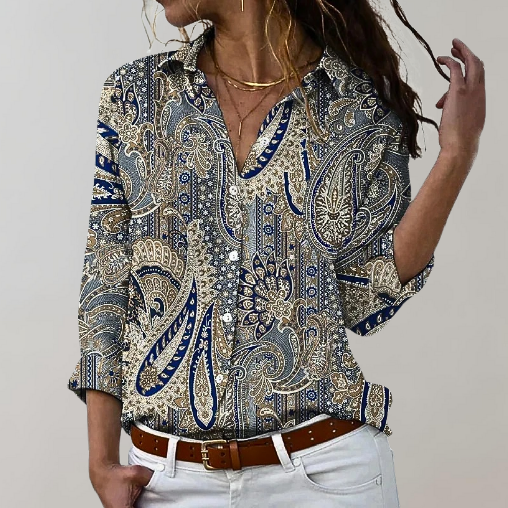 Women's Shirt - Long-Sleeved Paisley Pattern - Button Closure & Classic Collar