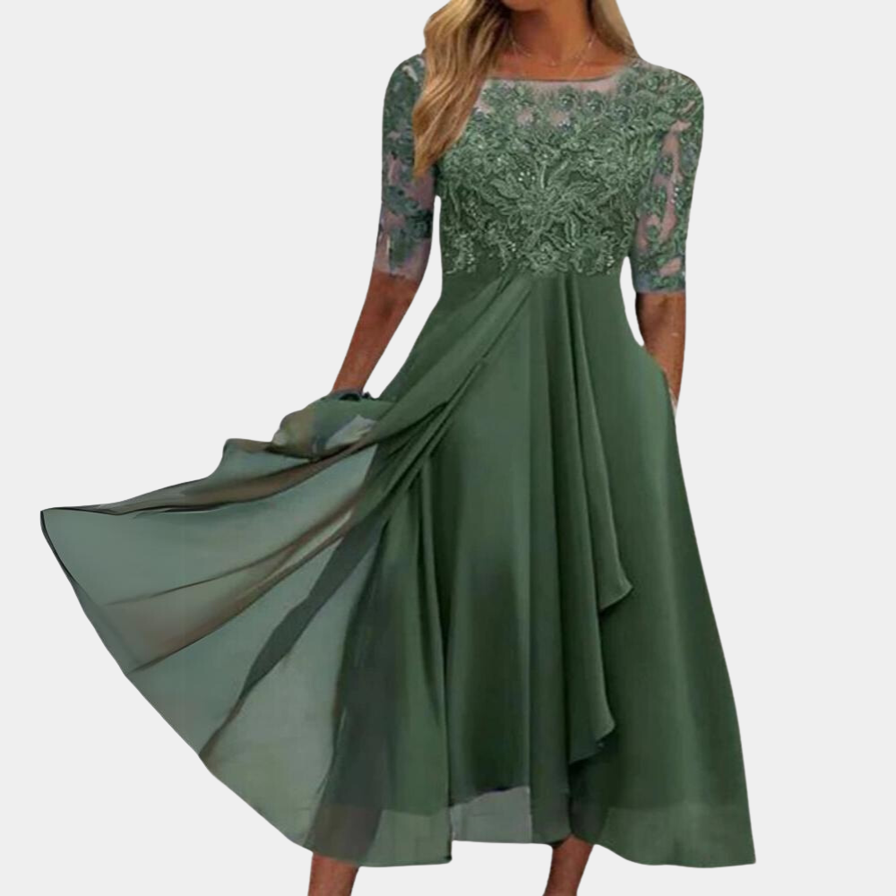 Women's Dress - Elegant A-line - Lace & Embroidery - Midi Length - Party & Evening
