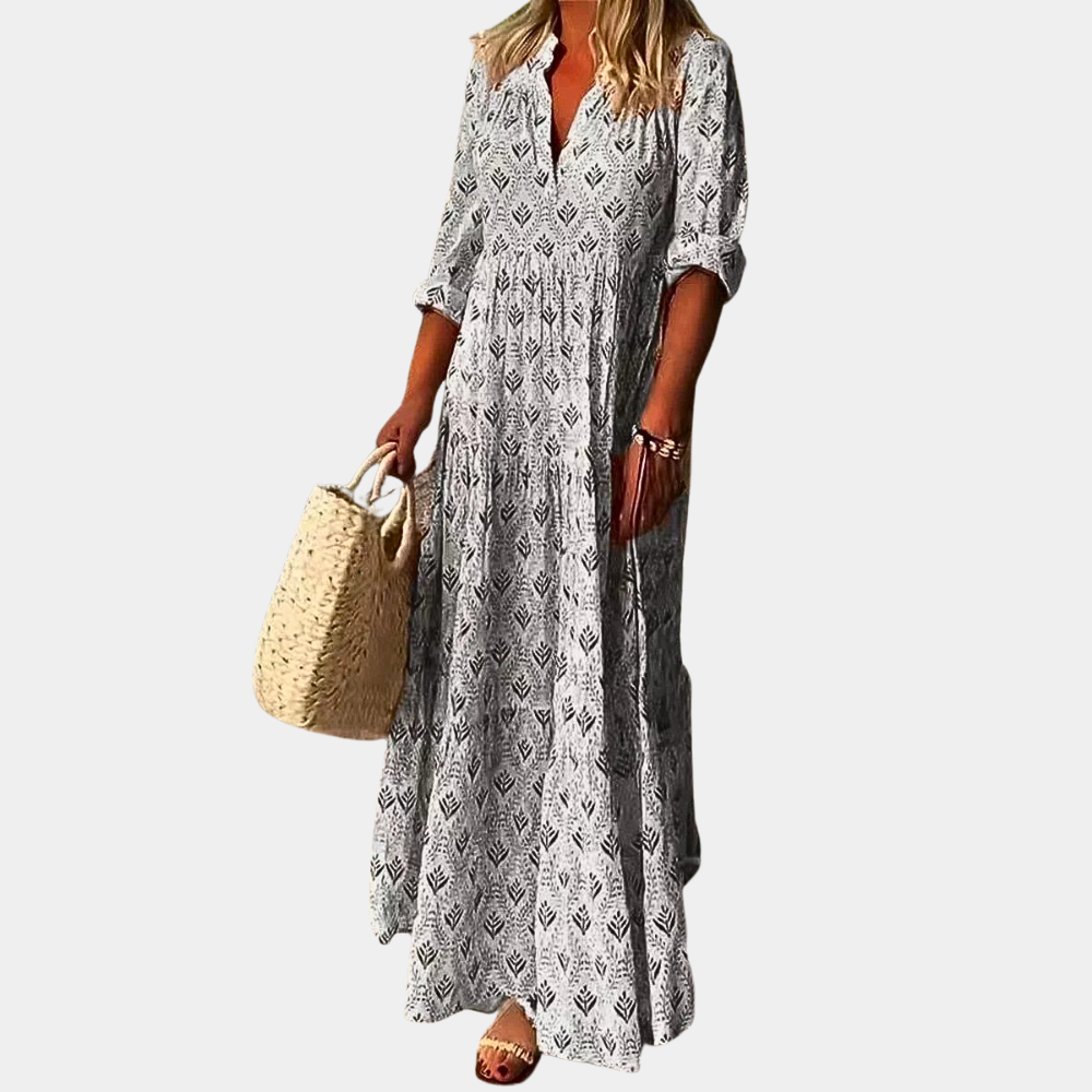 Women's Maxi Dress - V-Neck - 3/4 Sleeves - Lightweight and Breathable - Relaxed Fit