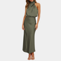 Women's Evening Dress - Sleeveless - Draped High Neck - Elegant Long Silhouette