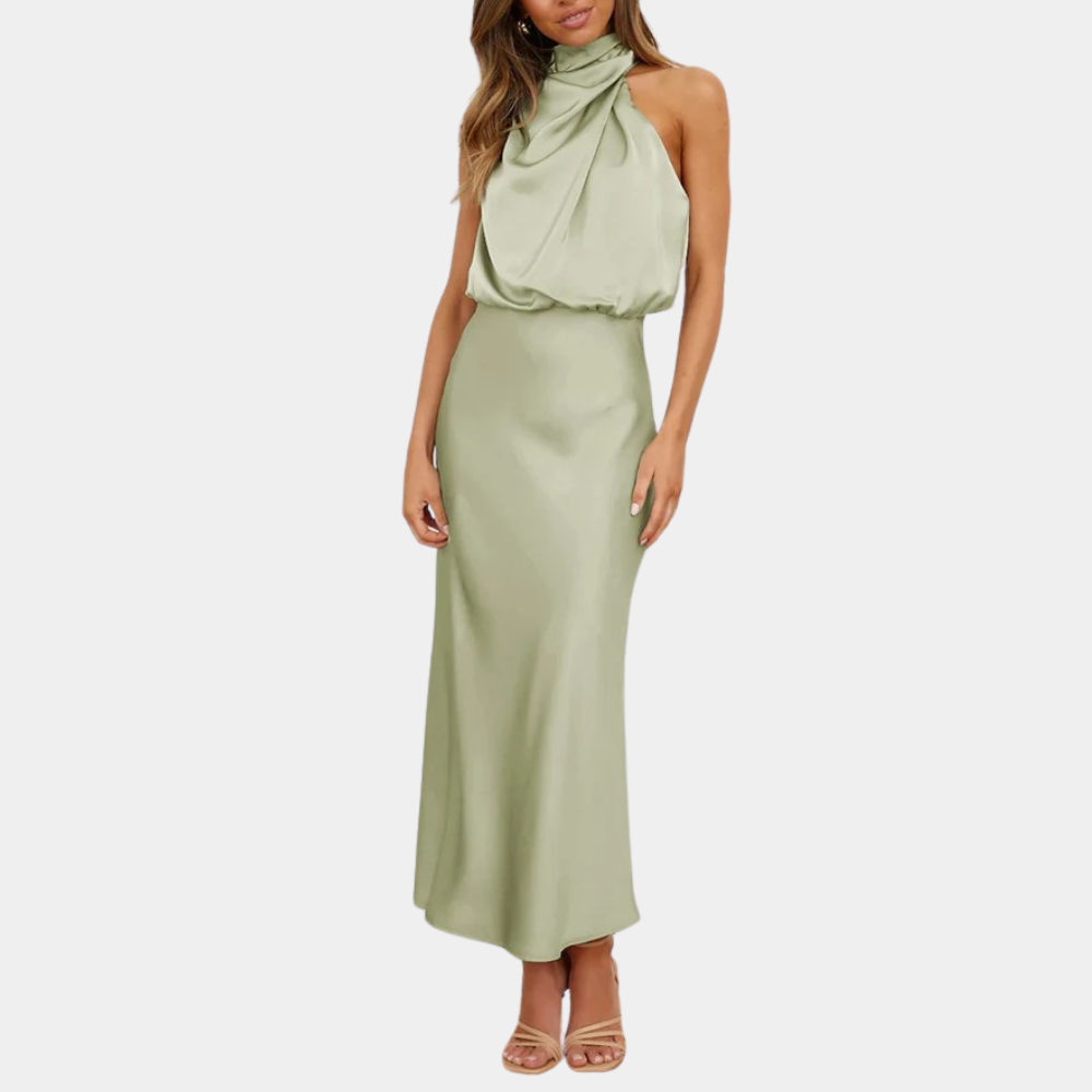 Women's Evening Dress - Sleeveless - Draped High Neck - Elegant Long Silhouette