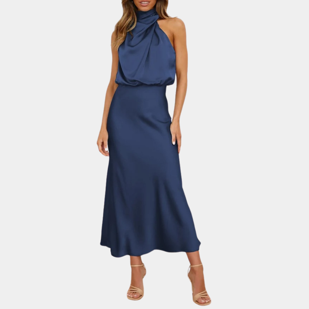 Women's Evening Dress - Sleeveless - Draped High Neck - Elegant Long Silhouette