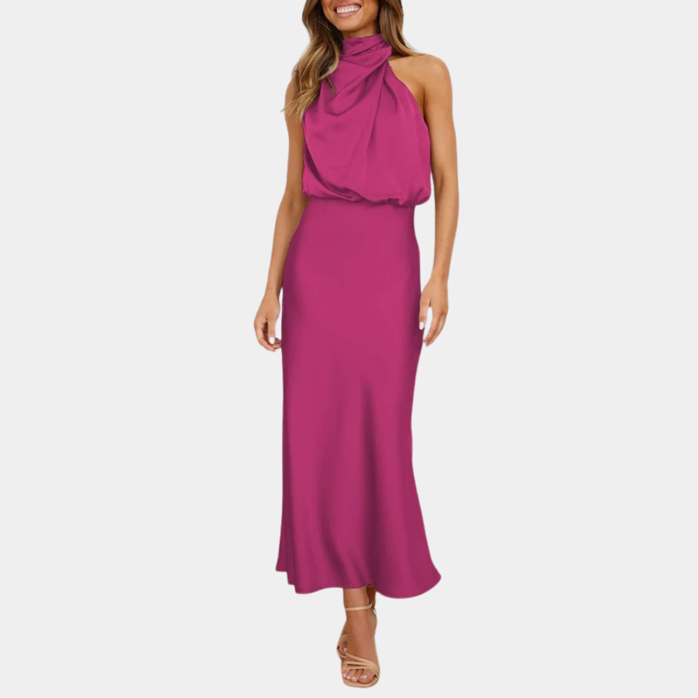 Women's Evening Dress - Sleeveless - Draped High Neck - Elegant Long Silhouette