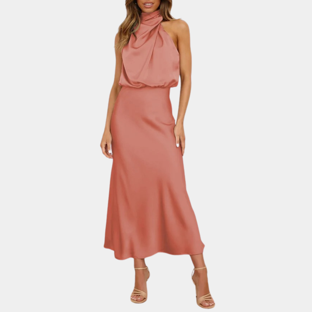 Women's Evening Dress - Sleeveless - Draped High Neck - Elegant Long Silhouette