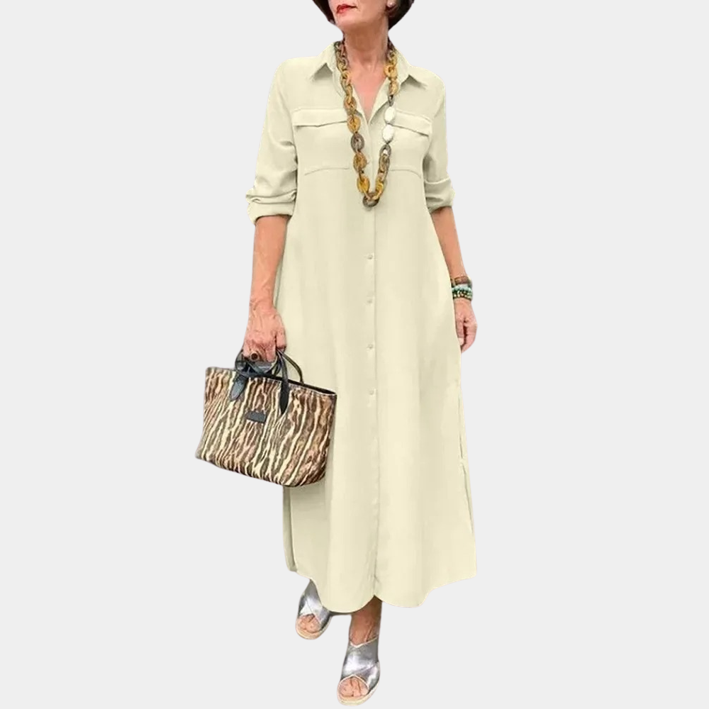 Women's Shirt Dress - Maxi Length - Long Sleeves - Button Closure - Chest Pockets